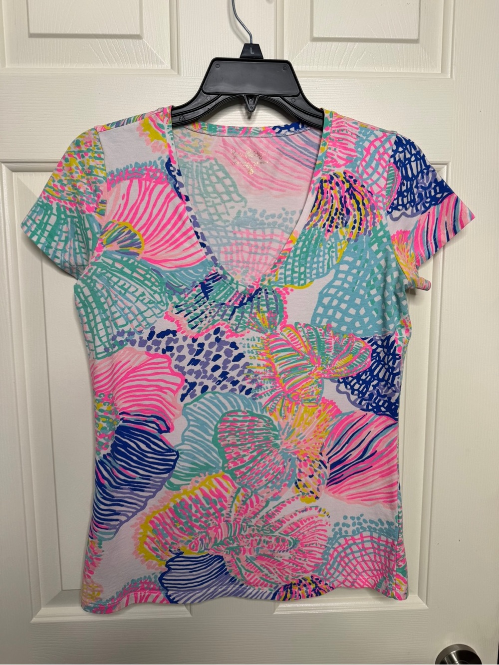 Lilly Pulitzer Abstract Multicolor V-Neck Knit Tee Stretch S